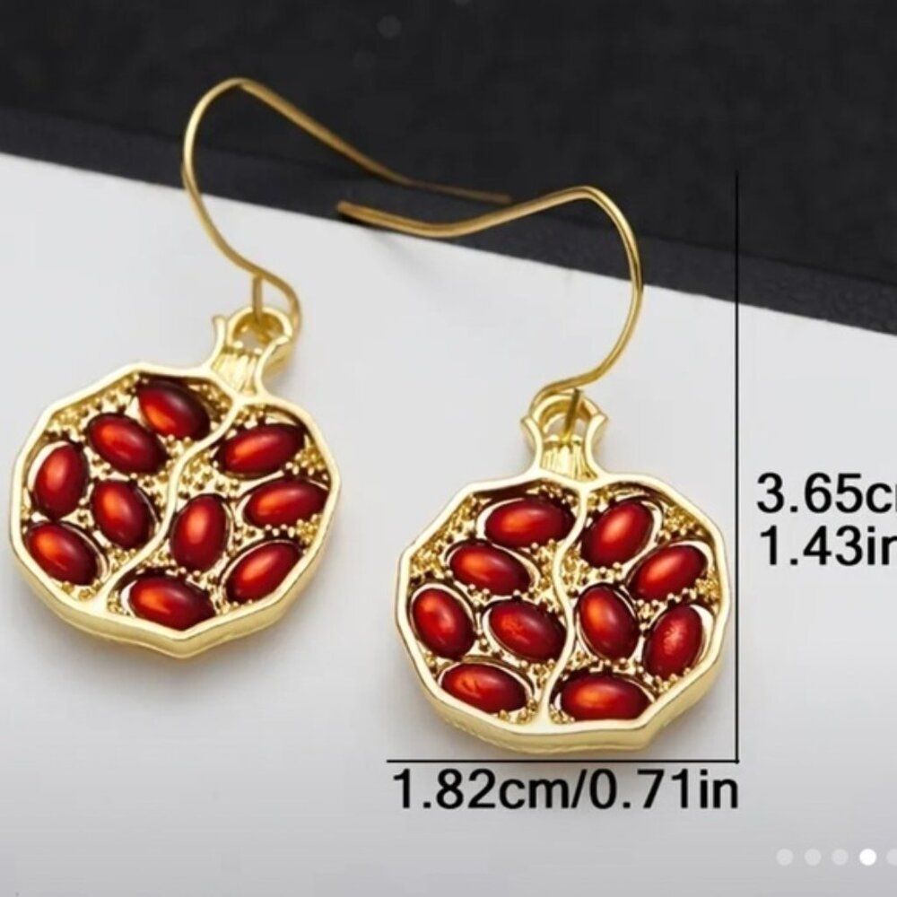 Gold and Red Pomegranate Pendant Hook Earrings - Picture 3 of 3